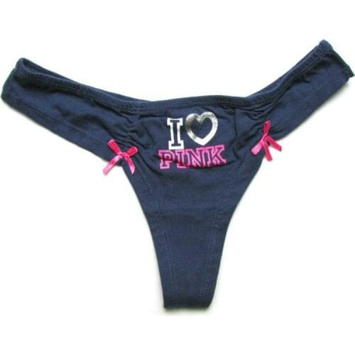 Cotton Sexy panties Dark Blue I Love Pink Bow G-String Tback Women Thongs