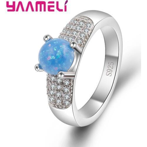 925 Sterling Silver Rings European Style Jewelry Blue Opal & Clear Crystal Ring For Women Original Fashion Charms