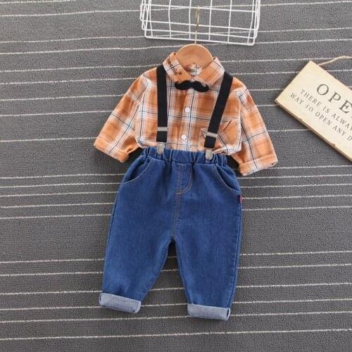 2PC New Kids Boy Clothing Set Cotton Plaid Shirt Autumn Spring Toddler Casual Bib Jeans Outfits 1 2 3 4 5 Years Children Suit