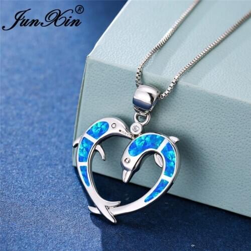 Cute Animal Dolphin Pendant Blue White Fire Opal Necklaces For Women Silver Color Birthstone Wedding Necklace Bride Jewelry