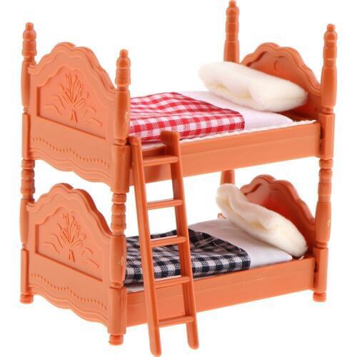 Dollhouse Miniature Bed - Dolls House Kids Room Nursery Furniture Bunk Bed with Accessories - 1/12 Scale (Brown)