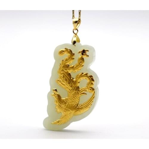 Vogue Design Natural Hetian Jade Men Women Necklace Phoenix 24k Gold Pendants For Male Female High Quality Fine Jewelry