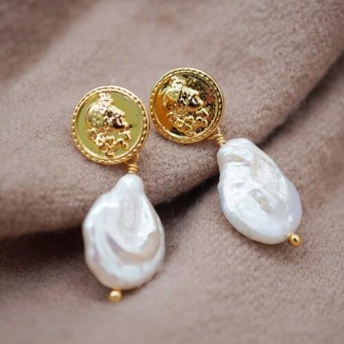 Coin embossed gold plated genuine baroque pearl earrings drop