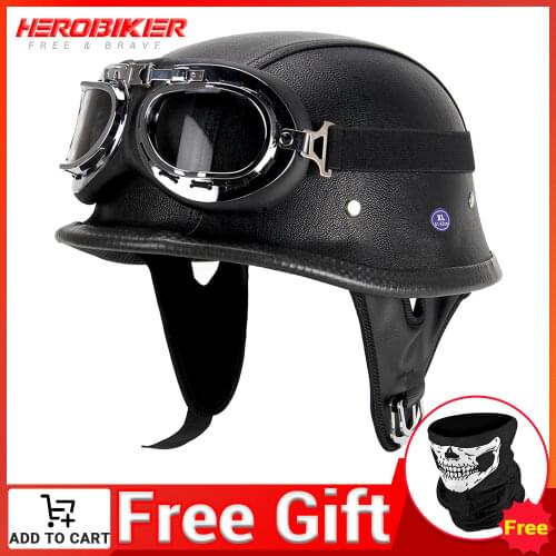 HEROBIKER Motorcycle Helmet German Leather Style Pilot Motorcycle Open Face Retro Half Helmet Cruise Chopper Biker Pilot DOT S