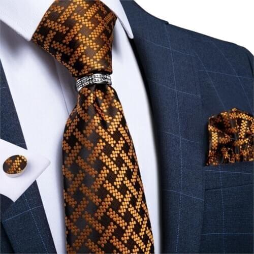 DiBanGu Mens Neckite Gold Brown Silk Wedding Tie For Men Novelty Design Fashion Bussiness Party Tie Hanky Cufflinks Ring Set