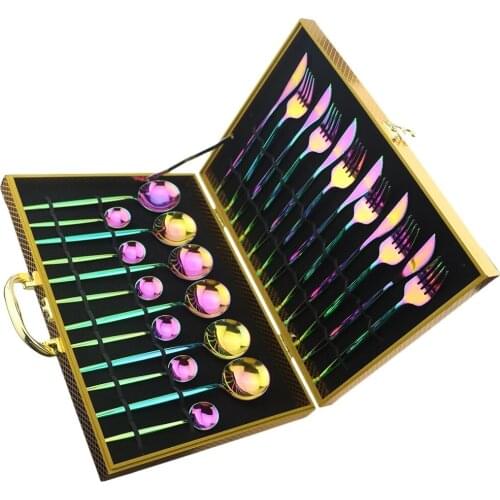 24Pcs 304 Stainless Steel Dinnerware Set Rainbow Tableware Set Fork Knife Spoon Teaspoon Cutlery Set With Gift Box Silverware