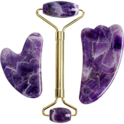 Natural Amethyst Jade Face Massage Roller Guasha Scraper Set Gouache Stone Facial Roller Massager Gouache Scraper Massage Tools