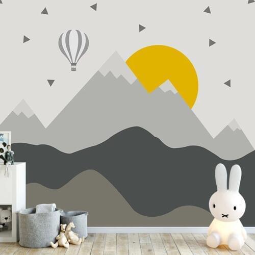 Nordic Style Childrens Room Wallpaper 3D Geometric Mountain Hot Air Balloon Mural Kids Bedroom Background Wall Papel De Parede