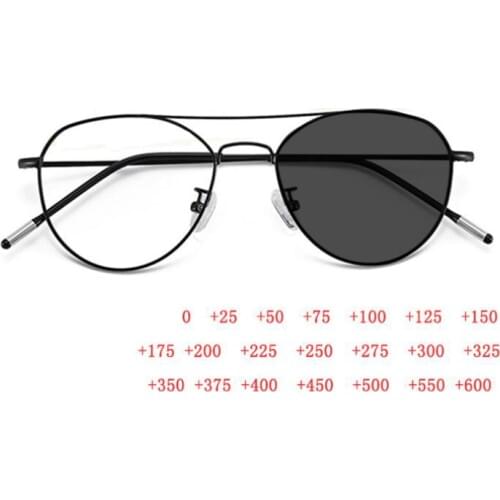 Outdoor Shade Anti-UV Sun Photochromic Gray Oval Reading Glasses Metal Chameleon Hyperopia Eyeglasses Power +25 +50 +75 To +600