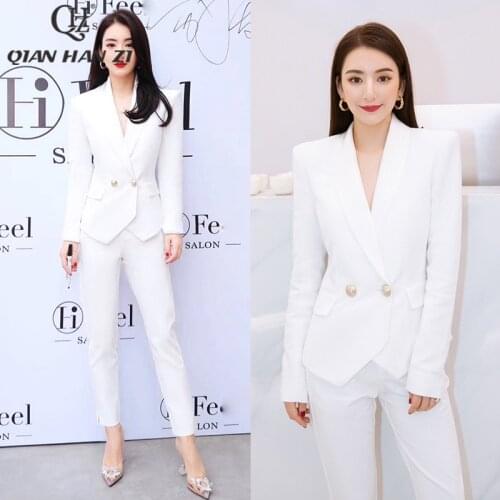 Qian Han Zi autumn designer office elegant blazer winter Long Sleeve Slim Button Jacket Ankle-Length Pants 2-Piece Set