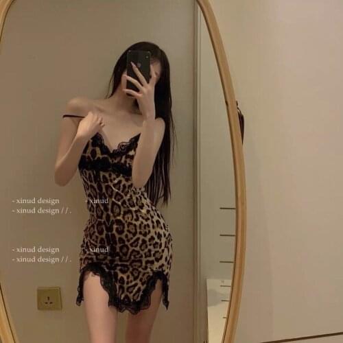 Fashion Women Sexy Lingerie Nightclub Style Lace Sling Femme V-neck Leopard Lingerie Sleepwear Dress Underwear Nightdress