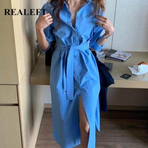 REALEFT 2021 New Spring Oversize Blue Womens Long Shirt Dress Sashes Lace Up Long Sleeve Korean Casual Loose Shirt Dresses Lady