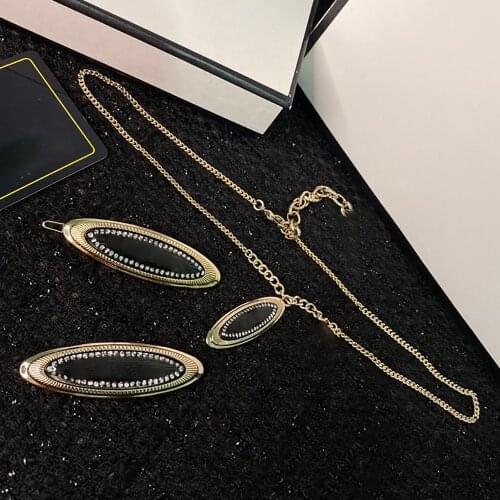 Hot Brand Fashion Luxury Black Oval Necklace Hairpin Brooch Set Letter Star Party Ladies Jewelry Set