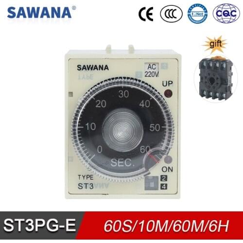 Interval Delay Time Relay Digital Timer ST3PG-E AC220V 110V 380V DC 24V 12v Time Relays 8 pin 60s/10min/60min/6h SPDT with Base
