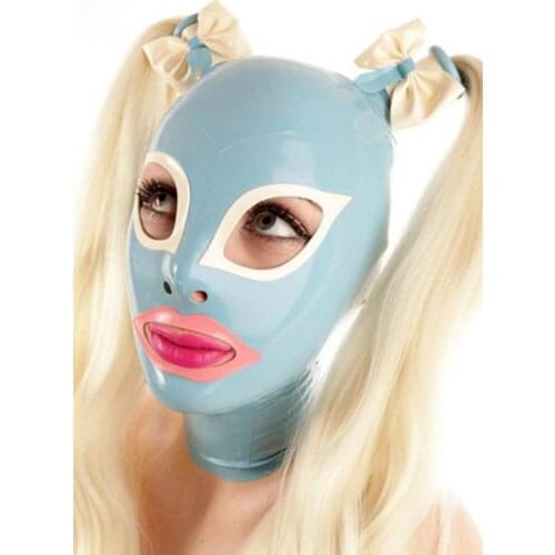 Sexy Blue Latex Hood with Double Pigtail Gummi Rubber Mask for Catsuit Party Wear Club Cosplay Halloween Costumes for Women