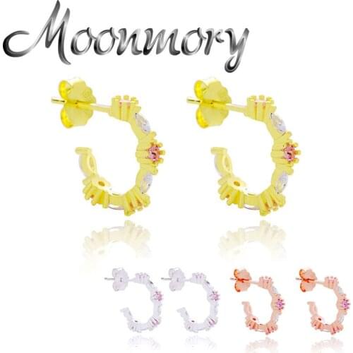 Moonmory 925 Sterling Silver Luxury Wedding Earrings For Women Red Zircon C Shape Stud Earring Piercing Jewelry 2021 New Design