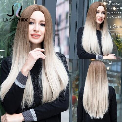 La Sylphide Synthetic Wig Long Straight Brown Ombre Platinum Blonde Middle Part Hair Wigs for Woman Daily Party Using Cute Wig
