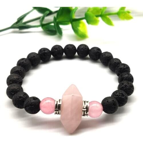 FYJS Unique Silver Plated Small Hexagon Column Rose PinK Quartz Connect Black Lava Stone Beads Bracelet Fashion Jewelry