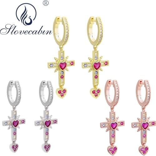 Slovecabin Real 100% 925 Sterling Silver Crystal Cross Dangle Drop Earrings For Women Gift Romantic Love Heart Arete Hot Jewelry