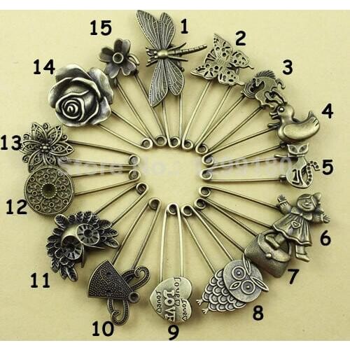 2pcs/lot Alloy Antique Brass Vintage Boy girl Brooch Safety Pins For Garment Accessories Scarf Clip pins Approx:52-68mm (K01941)