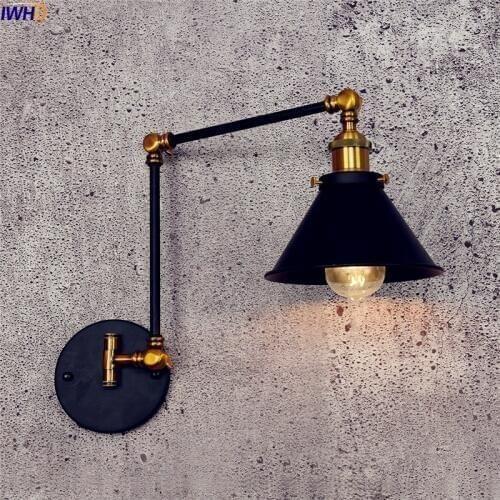 IWHD Antique Vintage LED Wall Lamp Black Retro Adjustable Swing Long Arm Wall Light Stair Edison Sconce Industrial Loft Style