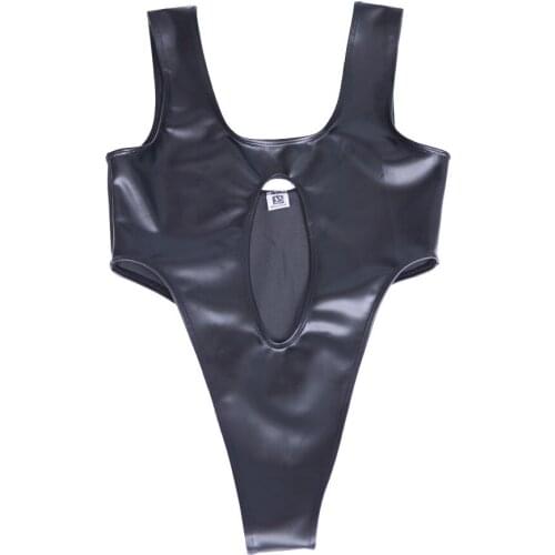 Hollow Out Oil Matt Faux Latex PU Leather Catsuit High Cut Thong Bikini Bodysuit Swimwear Hot Sexy Body Shaping Sukumizu Bodies