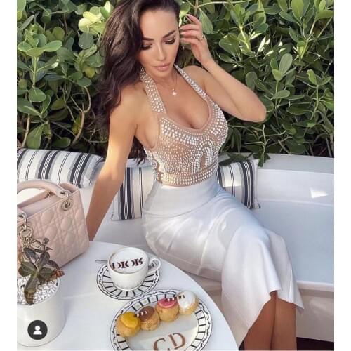 High Quality Girl Sexy Halter Pearl Beading Black Khaki Women Casual Camis Top Fashion High Street Top