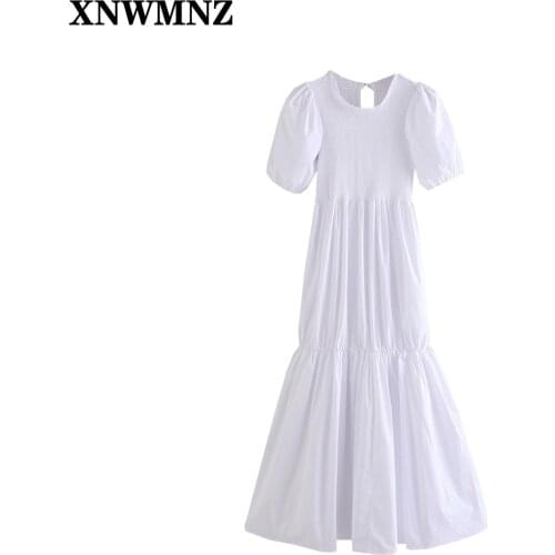 XNWMNZ 2021 Women Dress Summer White Short Sleeve Midi Dresses Women Clothing Ruched Elastic Elegant Casual Dress Robe Femme