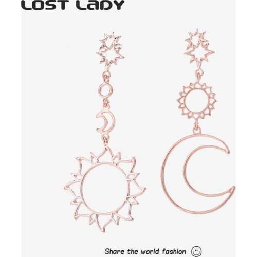 Lost Lady Fashion Hollow Moon Sun Dangle Earrings Statement Rose Gold Asymmetrical Earrings for Women Female Party Jewelry Gift