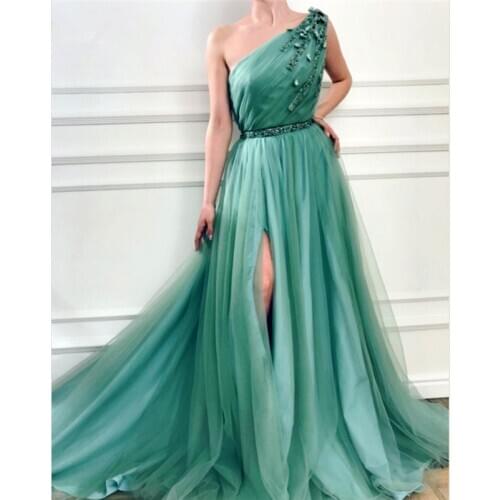 Mint Green Evening Dresses A-line One-Shoulder Tulle Beaded Slit Long Formal Prom Gown Valentines Day Graduation Dresses