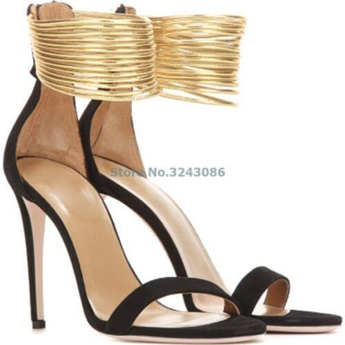 Gold Narrow Band Thin High Heel Sandals Black Apricot Suede Stiletto Heel Sandals Single Strap Back Zipper Party Shoes
