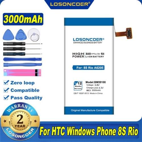 100% Original LOSONCOER 3000mAh BM59100 Battery For HTC Windows Phone 8S Rio A620E A620T A620D