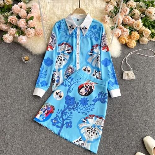 2021 Summer 2 Pieces Skirts Suits Cartoon Floral Print Outfits Long Sleeve Shirts Tops + Blue Mini Skirts Women Two Piece Set