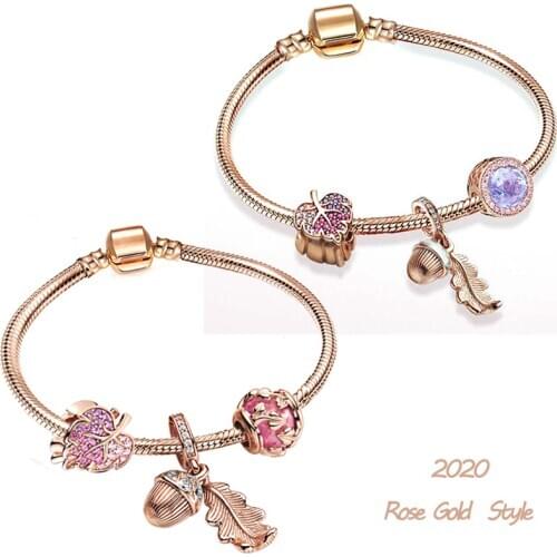 2021 New Arrival Rose Chain Pulsera Pink Zircon Maple Leaf Charms Bracelets for Women Jewelry Making Reflexion Berloque DIY Gift