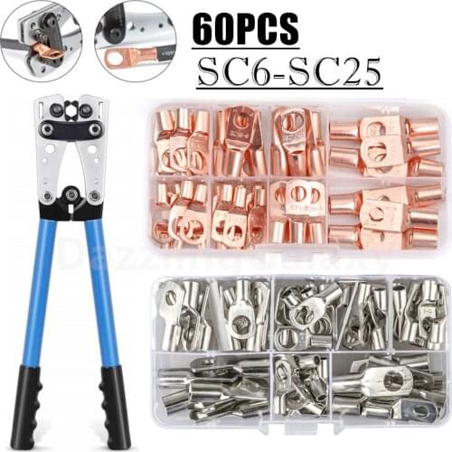 60pcs Assortment Car Auto Copper Ring Terminals HX-50B Connector Crimper Tools Cable Lugs Hex Crimping Cutter Pliers