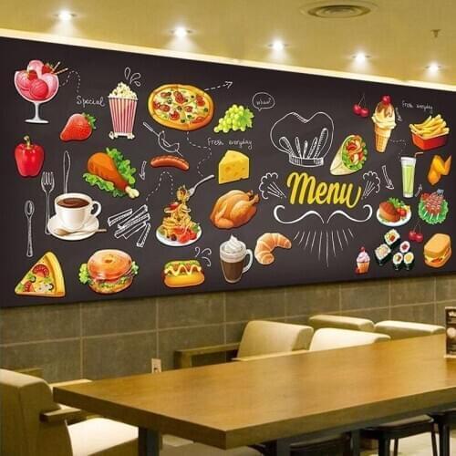 Blackboard Cake Ice Cream Coffee Drink 3D Photo Mural Wallpaper Kitchen Cafe Burger Shop Self-adhesive Decoration Wall Painting