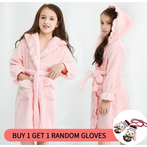 Winter Bathrobe for Children Flannel Warm Sleepwear Robe Girls Thicken Hooded Bathrobe Dressing Gown Children Pajamas 3-13Y
