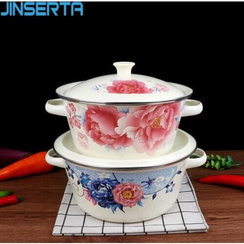 JINSERTA Vintage Enamel Bowl Binaural Basin Thickened Large Capacity Pots Home Restaurant Kitchen Refrigerator Food Storage