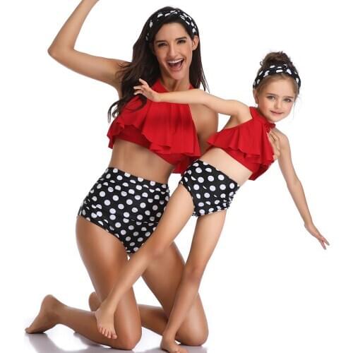 Mother and Daughter Halter Swimsuit High Waist Bikini Childrens Swimwear Family Outfits Look Swimsuit for Girls Beach Wear