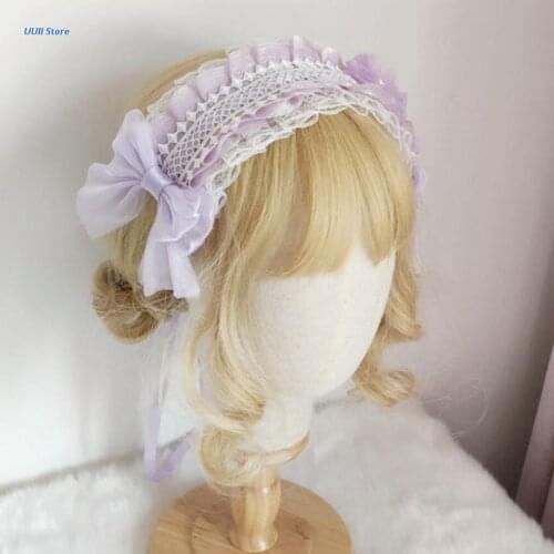 Girls Ruffles Lace Flower Hairband Ribbon Bows Headdress Maid Lolita Headband