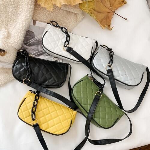 Fashion PU Leather Chain Shoulder Bag Female Solid Lattice Pattern Top-handle Purse Portable Street Zipper Tote Money Purse