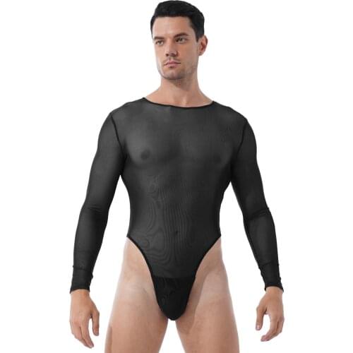 Mens Lingerie See-Through Mesh Bodysuit Sleepwear Long Sleeve High-Cut Thongs Back Zipper Leotard Slim Fit Jumpsuit