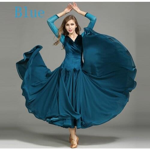 2018 New Ballroom Dance Dresses Long Sleeve Flamenco Dancing Skirt 3 Color Women Blue Stage Waltz Ballroom Dress S-XXL