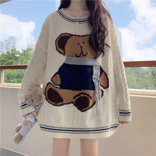 Autumn WomenS Pullover Sweet And Cute Bear Scarf Pattern Loose Lazy Knit Pullover Winter 2021 WomenS Wear