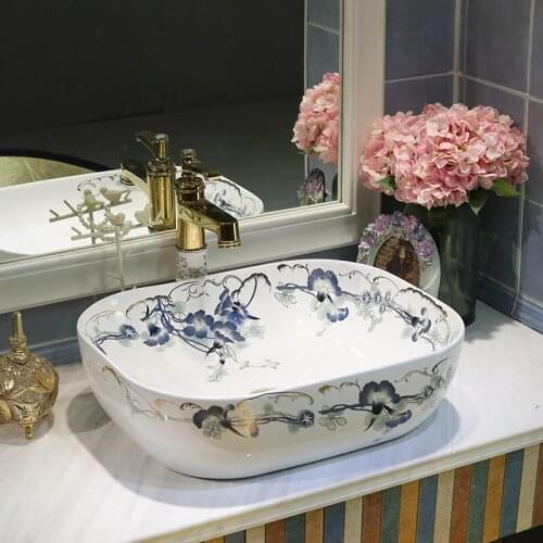 Oval Luxury bathroom vanities chinese Art Counter Top ceramic hand wash basin cabinet bathroom sinks