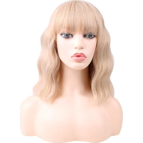 Belle Show Synthetic Curly Bob Wig with Bangs Cosplay Daily Short Wig Brown Mix Blonde Ombre Wig Natural Wavy Hair Wig Women
