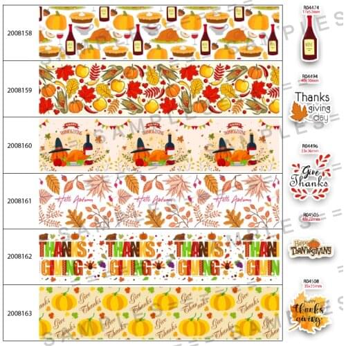 Thanksgiving Dinner Pattern Printed 30 Pcs Acrylic Resins 5 Yards Grosgrain/Satin Ribbon 25mm/38mm/50mm/75mm 200815 200816