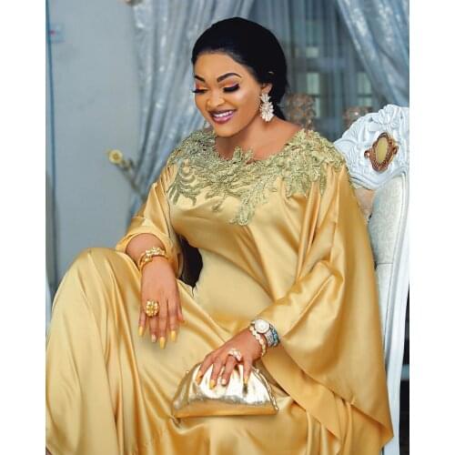 MCK Africa Gown Dress Silk Fabric Satin Gold Color Golden Flower Embroidery Diamond Abaya Party High Quality Maxi Long Dresses