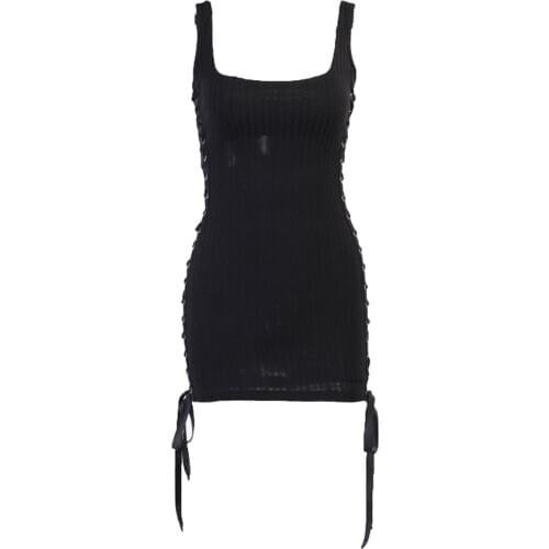 Imcute Women Sleeveless Lace-up Dress Stylish Solid Color Dress for Ladies Female Cotton