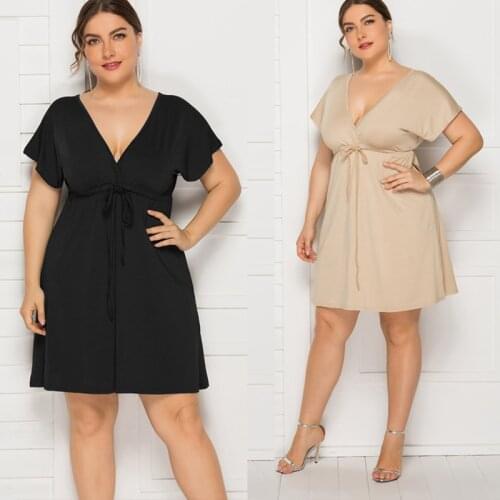 Large Size Pure Color Lace Dress Sexy Short Sleeve Halter Deep V-neck Oversized Casual Vestidos 4xl2021 Womens Summer Beach